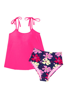 Rose Red Solid Color Cami and Floral Print Panty Tankini Set