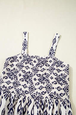 Blue Boho Geometric Print Smocked High Waist Wide Leg Jumpsuit