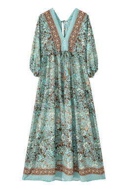 Green Boho Floral Print Backless Drawstring High Waist Maxi Dress