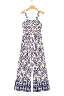 Blue Boho Geometric Print Smocked High Waist Wide Leg Jumpsuit