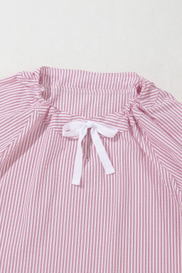 Pink Stripe Bow Tie Front Round Neck Long Sleeve Top