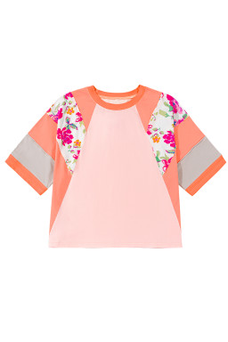 Orange Floral Patchwork Colorblock Plus Size Top