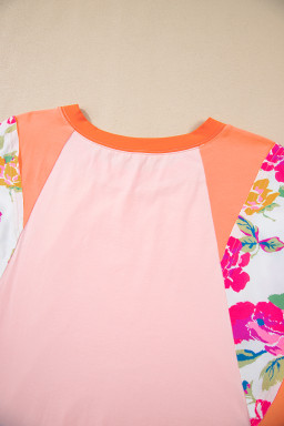 Orange Floral Patchwork Colorblock Plus Size Top