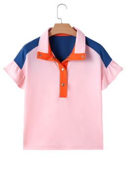 Gossamer Pink Color Block Half Buttoned Ruffled Short Sleeve Pop of Color Neckline T Shirt