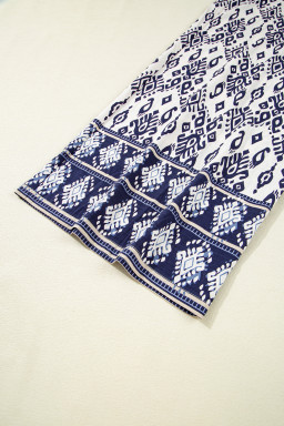 Blue Boho Geometric Print Smocked High Waist Wide Leg Jumpsuit