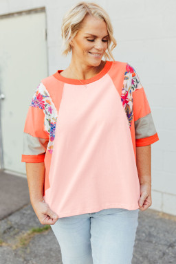 Orange Floral Patchwork Colorblock Plus Size Top