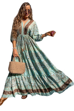 Green Boho Floral Print Backless Drawstring High Waist Maxi Dress