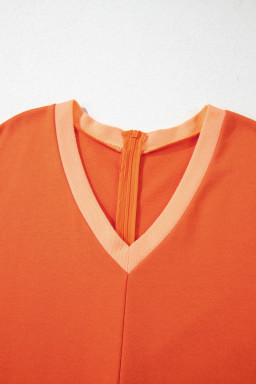 Russet Orange Two Tone Short Sleeve V Neck Patched Pocket Loose Romper