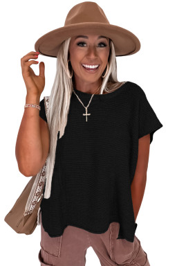 Black Solid Color Side Slits Knit Tee