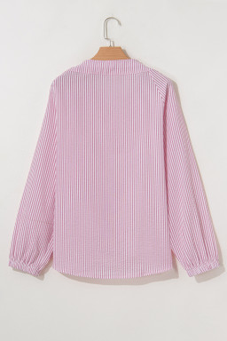Pink Stripe Bow Tie Front Round Neck Long Sleeve Top