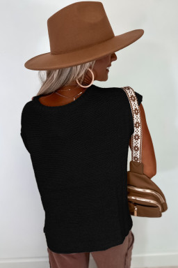 Black Solid Color Side Slits Knit Tee