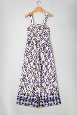 Blue Boho Geometric Print Smocked High Waist Wide Leg Jumpsuit