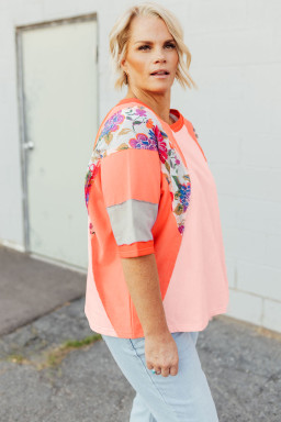 Orange Floral Patchwork Colorblock Plus Size Top