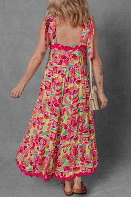 Multicolour Floral Tie Straps Ricrac Trim Maxi Dress