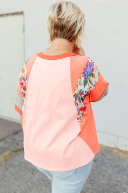 Orange Floral Patchwork Colorblock Plus Size Top