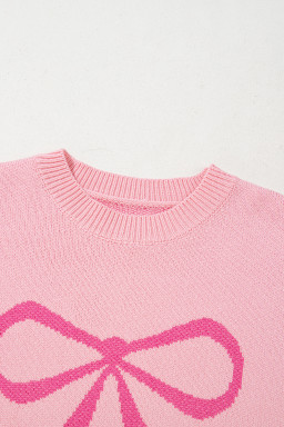 Pink Bow Round Neck Pullover Sweater