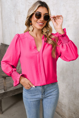 Rose Red Solid Shirred Cuff Notch V Neck Blouse