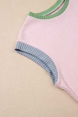 Pink Colorblock Corded Crew Neck Tee