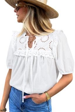 White Embroidered Lace Patchwork Tie Neck Half Sleeve Blouse