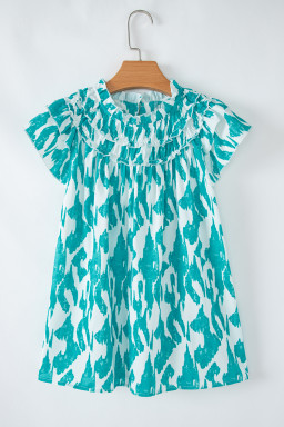 Sky Blue Abstract Print Frilled Crewneck Loose Fit Blouse