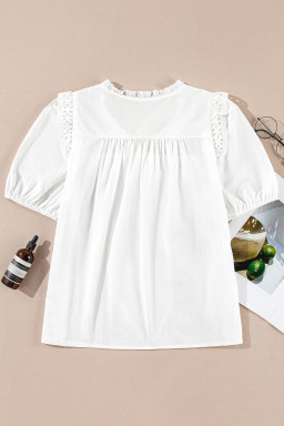 White Embroidered Lace Patchwork Tie Neck Half Sleeve Blouse