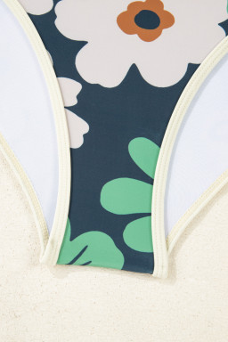 Blue Flower Zip Collar High Waist Bikini Set