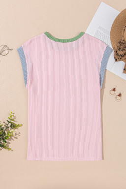 Pink Colorblock Corded Crew Neck Tee
