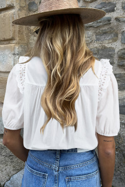 White Embroidered Lace Patchwork Tie Neck Half Sleeve Blouse