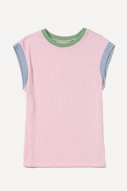 Pink Colorblock Corded Crew Neck Tee
