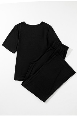 Black Solid Color T-Shirt and Wide Leg Pants Set