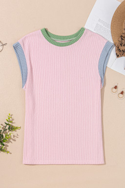 Pink Colorblock Corded Crew Neck Tee
