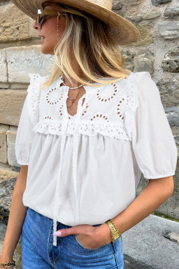 White Embroidered Lace Patchwork Tie Neck Half Sleeve Blouse