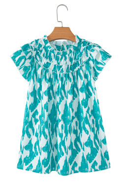 Sky Blue Abstract Print Frilled Crewneck Loose Fit Blouse