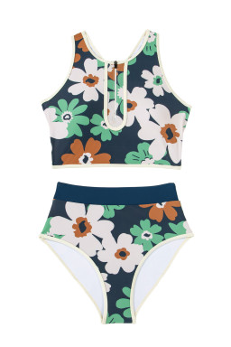 Blue Flower Zip Collar High Waist Bikini Set