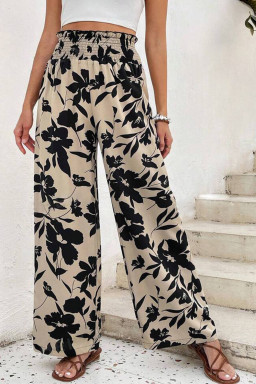 Khaki Floral Smocked Frill Waist Wide Leg Pants