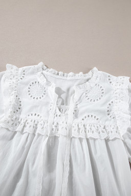 White Embroidered Lace Patchwork Tie Neck Half Sleeve Blouse