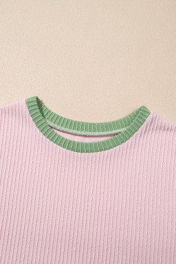 Pink Colorblock Corded Crew Neck Tee