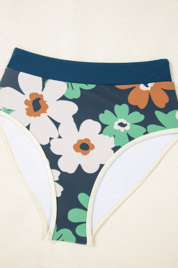 Blue Flower Zip Collar High Waist Bikini Set