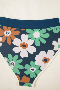 Blue Flower Zip Collar High Waist Bikini Set