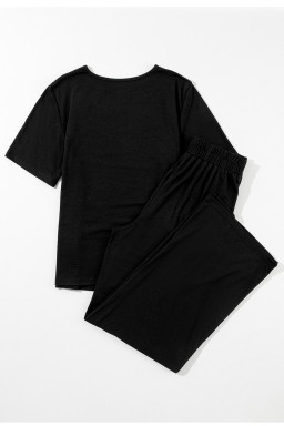 Black Solid Color T-Shirt and Wide Leg Pants Set