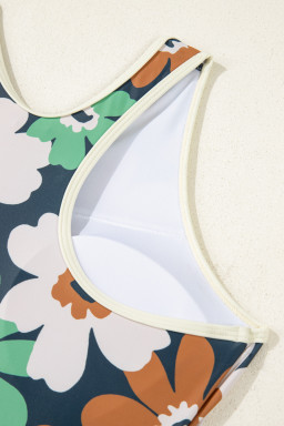 Blue Flower Zip Collar High Waist Bikini Set