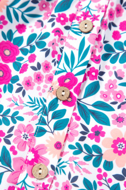 Pink Plus Size Floral Half Button Puff Sleeve A Line Dress