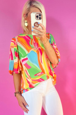 Multicolour Abstract Print Keyhole Back Pleated Half Sleeve Blouse