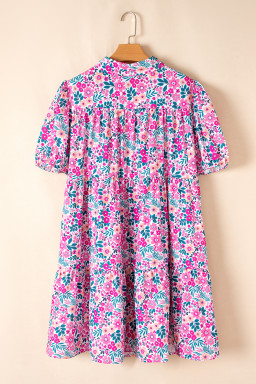 Pink Plus Size Floral Half Button Puff Sleeve A Line Dress