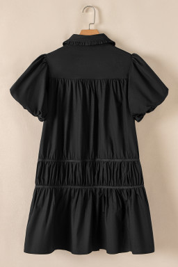 Black Button Down Puff Sleeve Ruched Ruffle Hem Dress