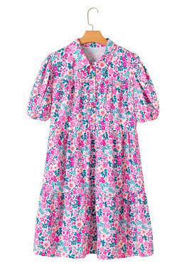 Pink Plus Size Floral Half Button Puff Sleeve A Line Dress