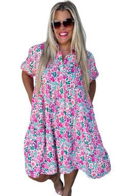 Pink Plus Size Floral Half Button Puff Sleeve A Line Dress