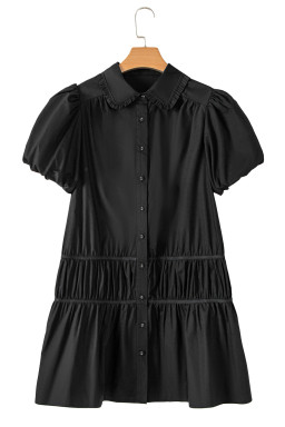 Black Button Down Puff Sleeve Ruched Ruffle Hem Dress