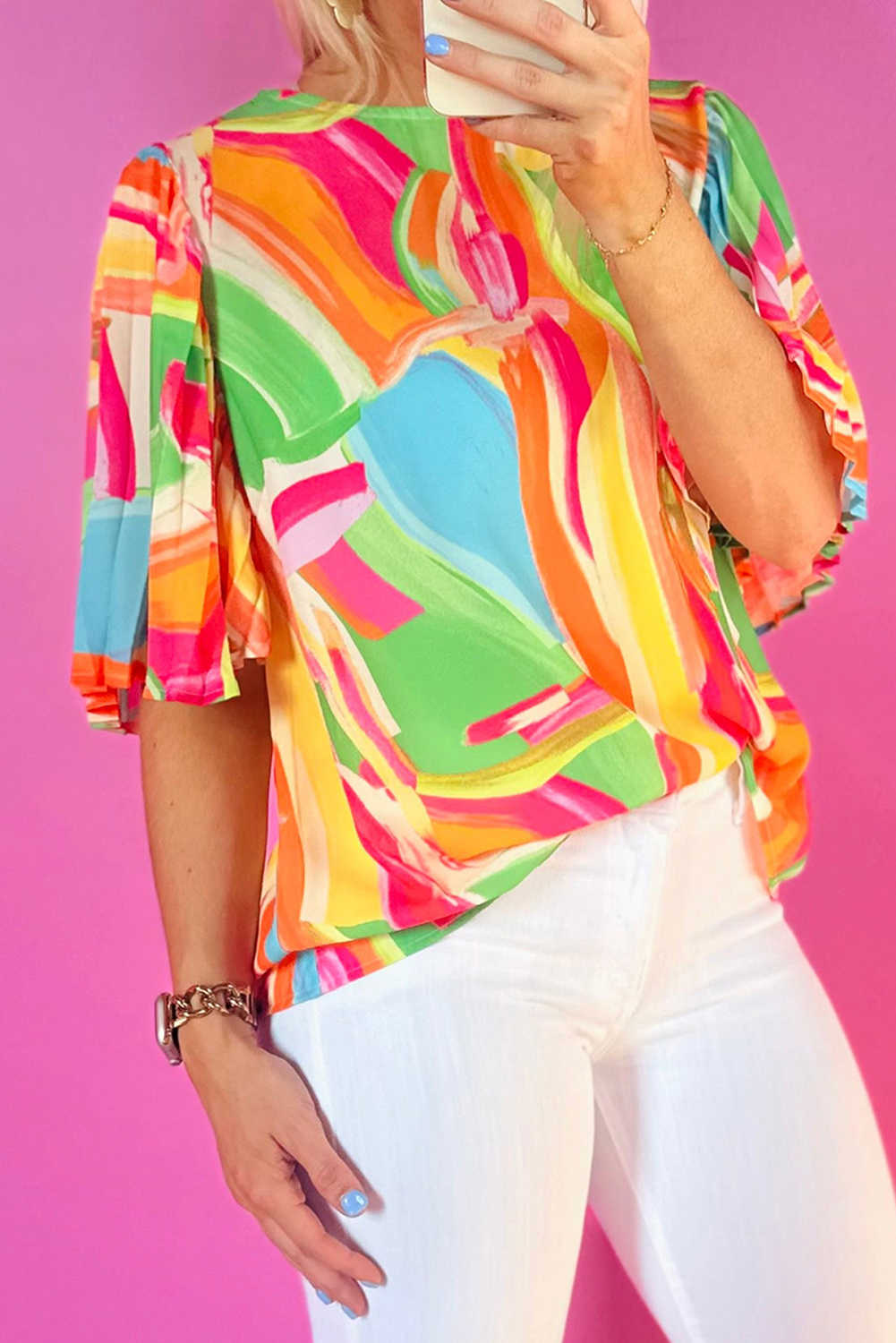 Multicolour Abstract Print Keyhole Back Pleated Half Sleeve Blouse