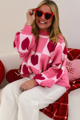 Pink Love Heart Checkered Valentine Knit Sweater